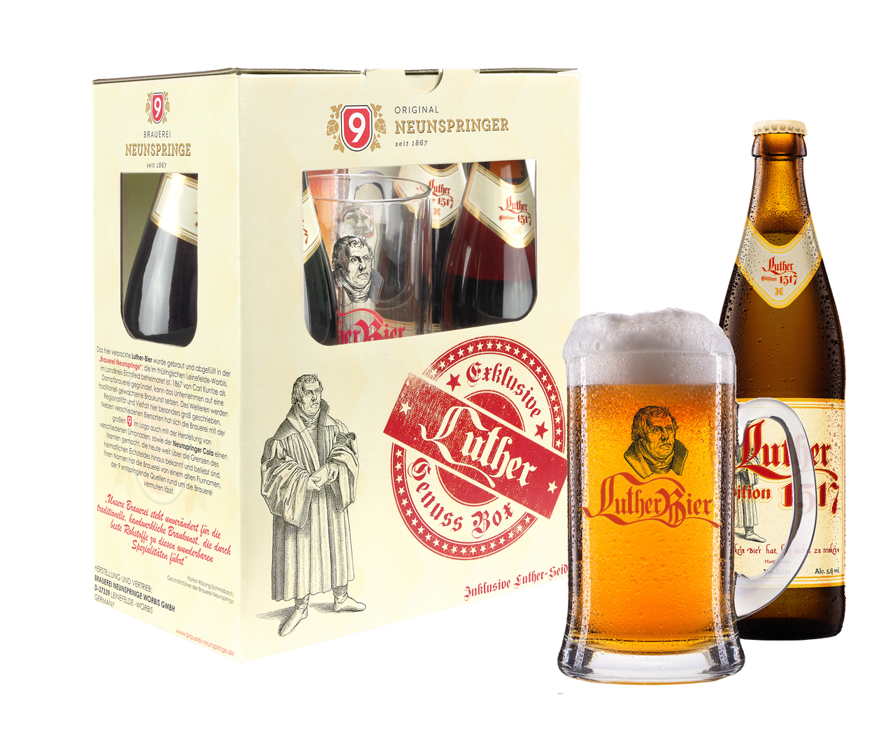 Luther Bier Box mit Glas